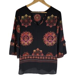 DR2 Black Floral Print Blouse Top MANDALA Bell Sleeves Bohemian Style  Flowy Med
